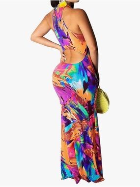 Colorful Abstract Open-Back Maxi Dress - Multicolor